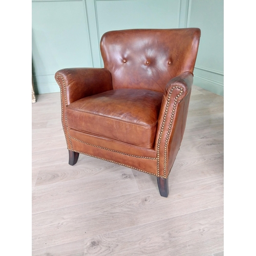 170 - Pair of exceptional quality French hand dyed leather tub chairs with brass studs raised on mahogany ... 