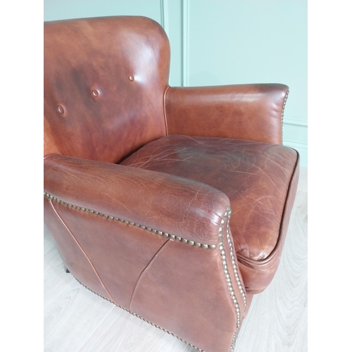 170 - Pair of exceptional quality French hand dyed leather tub chairs with brass studs raised on mahogany ... 