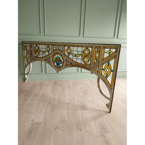 181 - Art Nouveau painted pine arch with leaded stained glass panels {116 cm H x 244 cm W}. U