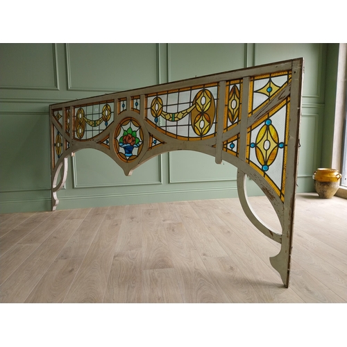 181 - Art Nouveau painted pine arch with leaded stained glass panels {116 cm H x 244 cm W}. U