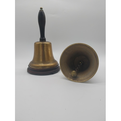 183 - Two good quality brass school bells with rosewood handles {28 cm H and 26 cm H}.