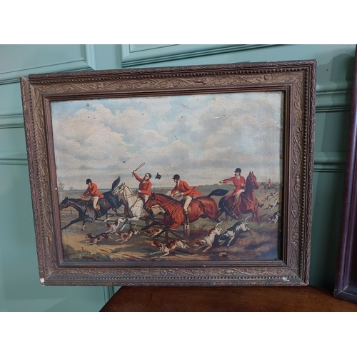 185 - Two Edwardian oleographs Hunting scenes {50 cm H x 58 cm W and 45 cm H x 57 cm W}.