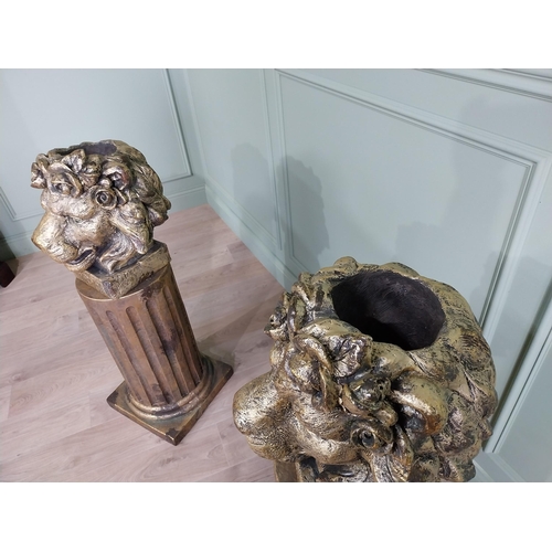 192 - Pair of good quality gilded resin Lions head planters raised on reeded pedestals {110 cm H x 40 cm W... 