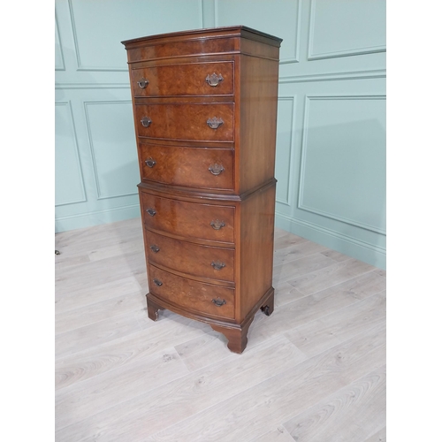 198 - Burr walnut bow fronted chest on chest with six drawers raised on bracket feet in the Georgian style... 