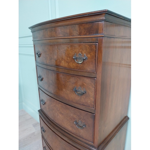 198 - Burr walnut bow fronted chest on chest with six drawers raised on bracket feet in the Georgian style... 