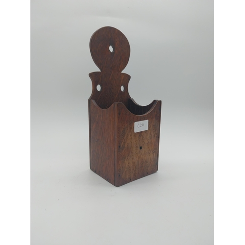 20 - 19th C. oak candle box {31 cm H x 12 cm W x 10 cm D}.