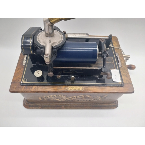 228 - Early 20th C. Edison standard phonograph in oak case with brass horn {55 cm H x 43 cm W x 32 cm D}.