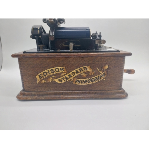 228 - Early 20th C. Edison standard phonograph in oak case with brass horn {55 cm H x 43 cm W x 32 cm D}.
