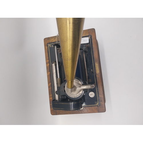 228 - Early 20th C. Edison standard phonograph in oak case with brass horn {55 cm H x 43 cm W x 32 cm D}.