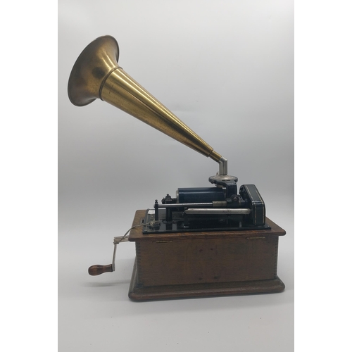 228 - Early 20th C. Edison standard phonograph in oak case with brass horn {55 cm H x 43 cm W x 32 cm D}.