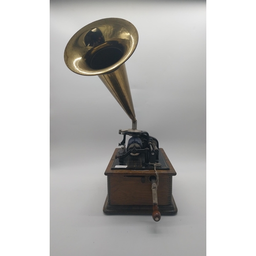 228 - Early 20th C. Edison standard phonograph in oak case with brass horn {55 cm H x 43 cm W x 32 cm D}.