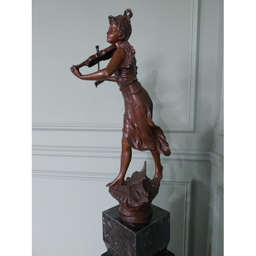 232 - Good quality French bronzed spelter statuette raised on marble pedestal {173 cm H x 23 cm W x 27 cm ... 