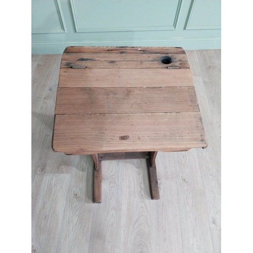 237 - Early 20th C. pitched pine school desk {82 cm H x 56 cm W x 46 cm D}.