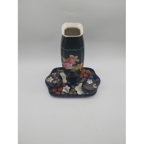 247 - Decorative hand painted ceramic vase with tray and pair of lidded bowls {Vase 32 cm H x 11 cm W  x 1... 