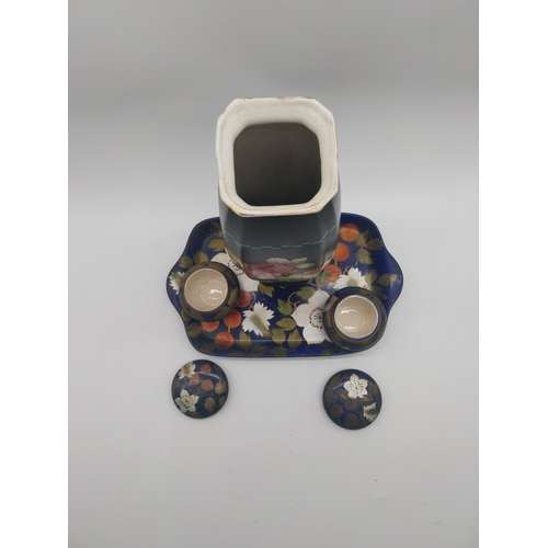 247 - Decorative hand painted ceramic vase with tray and pair of lidded bowls {Vase 32 cm H x 11 cm W  x 1... 