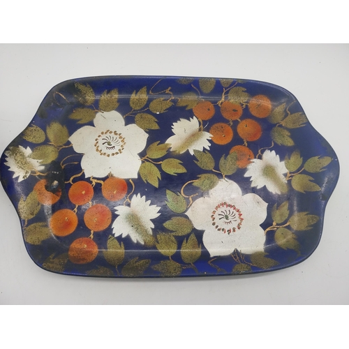 247 - Decorative hand painted ceramic vase with tray and pair of lidded bowls {Vase 32 cm H x 11 cm W  x 1... 