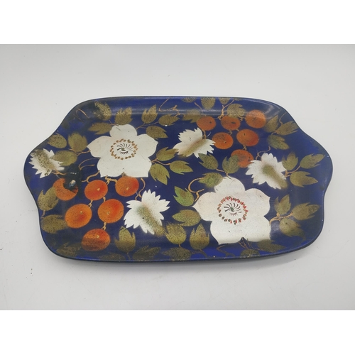 247 - Decorative hand painted ceramic vase with tray and pair of lidded bowls {Vase 32 cm H x 11 cm W  x 1... 