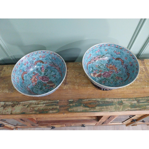 248 - Pair of good quality Oriental hand painted ceramic vases mounted on hardwood stands {18 cm H x 31 cm... 