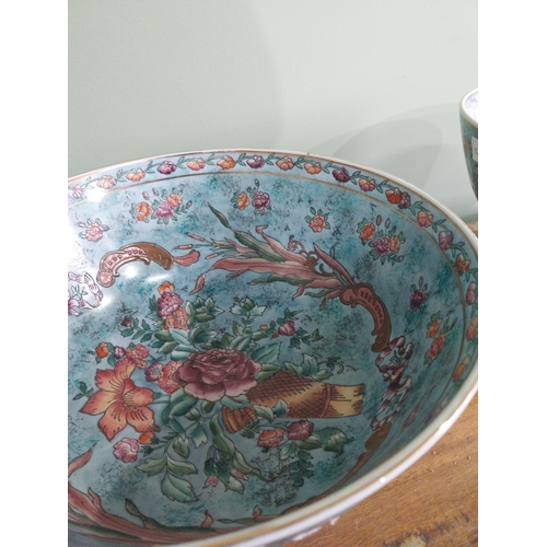 248 - Pair of good quality Oriental hand painted ceramic vases mounted on hardwood stands {18 cm H x 31 cm... 