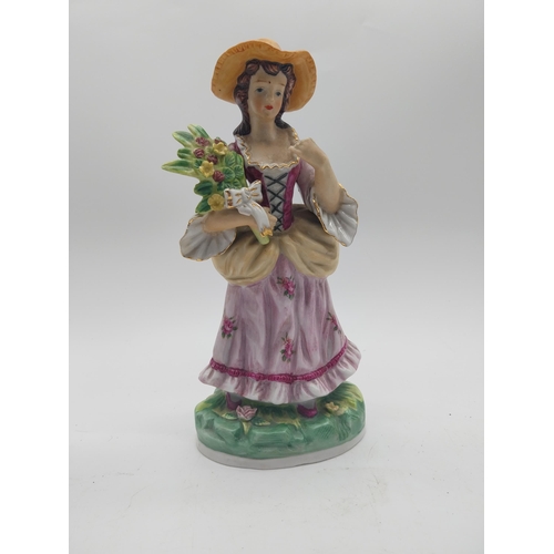 249 - Three decorative hand painted porcelain figures {27 cm H x 13 cm W x 10 cm D and 17 cm H x 7 cm W x ... 