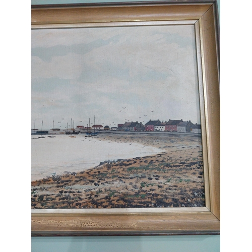 252 - F Field oil on canvas Harbour scene mounted in painted pine frame {50 cm H x 90 cm W}.