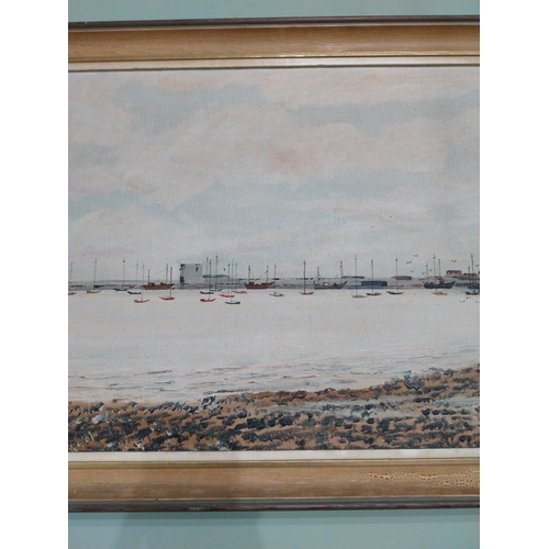 252 - F Field oil on canvas Harbour scene mounted in painted pine frame {50 cm H x 90 cm W}.