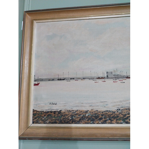 252 - F Field oil on canvas Harbour scene mounted in painted pine frame {50 cm H x 90 cm W}.