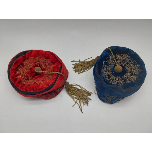 269 - Two early 20th C. silk and gilded embroidered hats {10 cm H x 20 cm Dia.}.