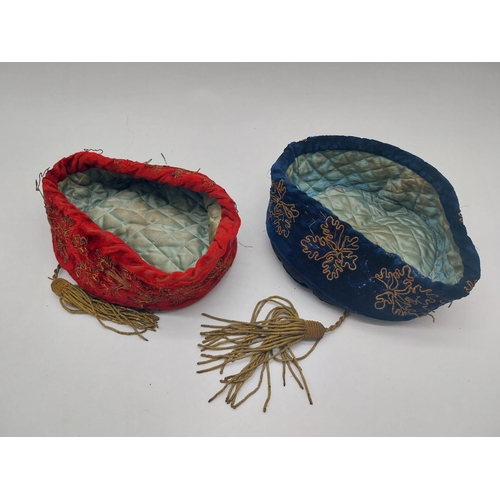 269 - Two early 20th C. silk and gilded embroidered hats {10 cm H x 20 cm Dia.}.