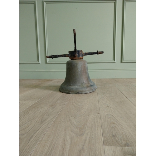 27 - Good quality 19th C. bronze bell with original wrought iron hanger {37 cm H x 34 cm W x 58 cm D}.