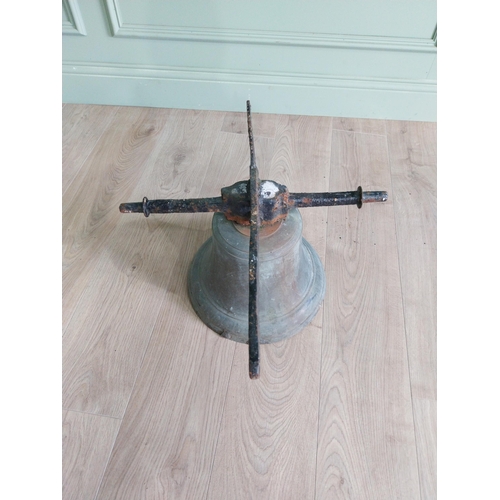 27 - Good quality 19th C. bronze bell with original wrought iron hanger {37 cm H x 34 cm W x 58 cm D}.