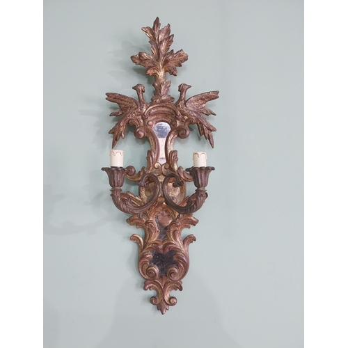 274 - Pair of good quality giltwood and mirrored wall sconces decorated with Hoho birds and double wall li... 