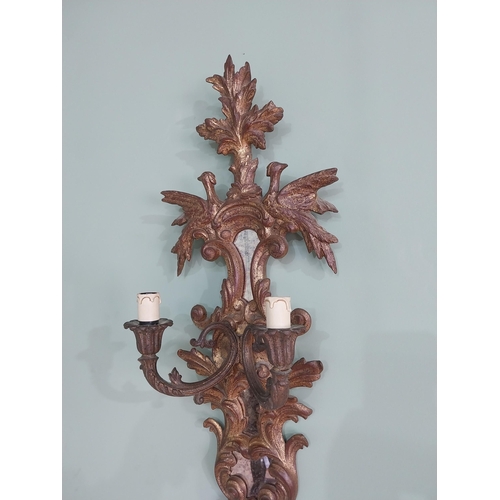 274 - Pair of good quality giltwood and mirrored wall sconces decorated with Hoho birds and double wall li... 