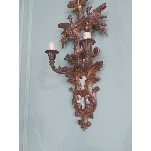 274 - Pair of good quality giltwood and mirrored wall sconces decorated with Hoho birds and double wall li... 
