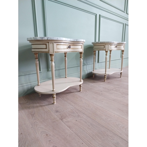 28 - Pair of good quality French painted bedside cabinets with marble tops and single drawer raised on tu... 