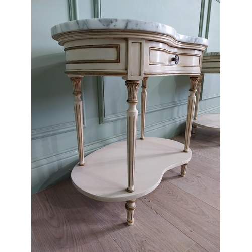 28 - Pair of good quality French painted bedside cabinets with marble tops and single drawer raised on tu... 