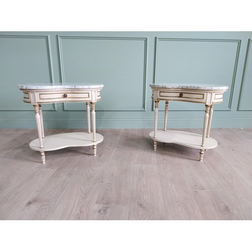 28 - Pair of good quality French painted bedside cabinets with marble tops and single drawer raised on tu... 