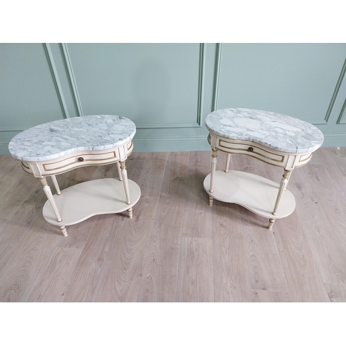 28 - Pair of good quality French painted bedside cabinets with marble tops and single drawer raised on tu... 