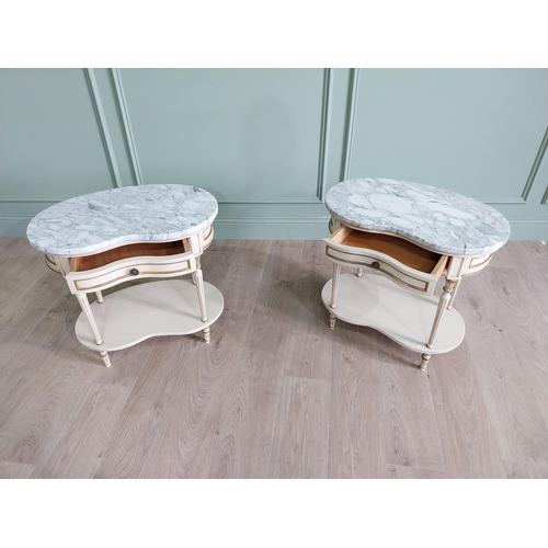 28 - Pair of good quality French painted bedside cabinets with marble tops and single drawer raised on tu... 