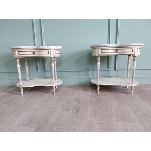 28 - Pair of good quality French painted bedside cabinets with marble tops and single drawer raised on tu... 