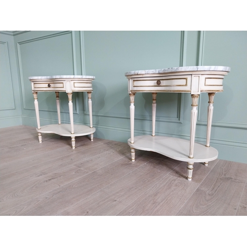 28 - Pair of good quality French painted bedside cabinets with marble tops and single drawer raised on tu... 