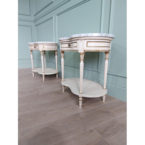 28 - Pair of good quality French painted bedside cabinets with marble tops and single drawer raised on tu... 