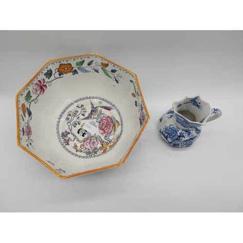 287 - Early 20th C. hand painted Masons ceramic jardini�re and water jug {14 cm H x 26 cm W x 27 cm D and ... 