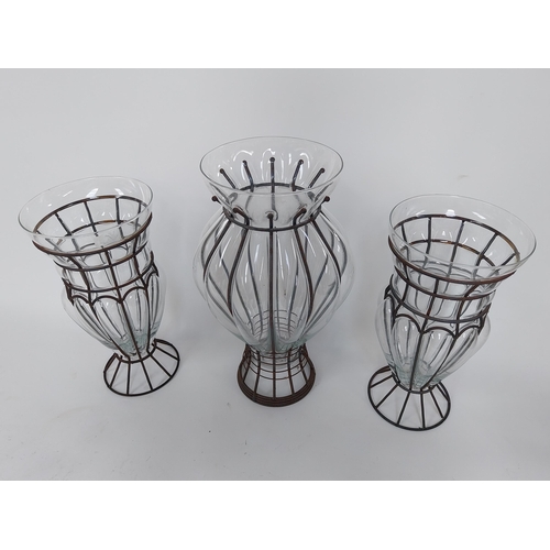 295 - Three vintage glass flower vases in metal surrounds {49 cm H x 26 cm Dia. AND 40 cm H x 20 cm Dia.}.