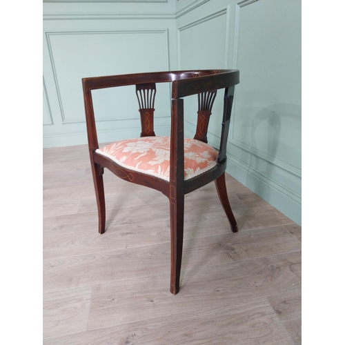 296 - Edwardian mahogany and satinwood inlaid armchair with upholstered seat raised on square tapered legs... 