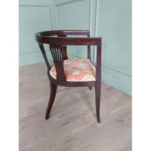 296 - Edwardian mahogany and satinwood inlaid armchair with upholstered seat raised on square tapered legs... 