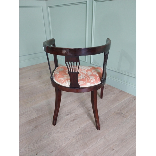 296 - Edwardian mahogany and satinwood inlaid armchair with upholstered seat raised on square tapered legs... 