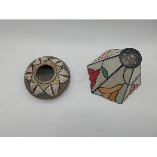 297 - Leaded stained glass shade and German pottery vase {8 cm H x 16 cm Dia. and 7 cm H x 20 cm Dia.}.