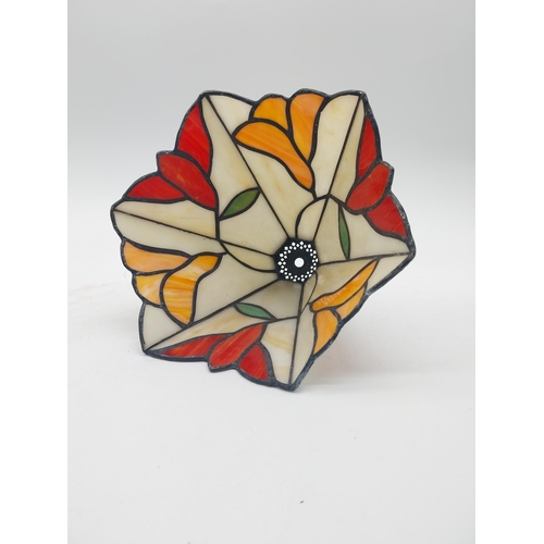 297 - Leaded stained glass shade and German pottery vase {8 cm H x 16 cm Dia. and 7 cm H x 20 cm Dia.}.