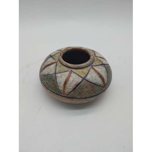 297 - Leaded stained glass shade and German pottery vase {8 cm H x 16 cm Dia. and 7 cm H x 20 cm Dia.}.